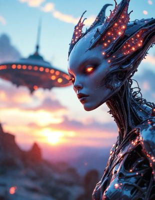 The primary subject of the image is a futuristic, robotic-looking creature with glowing eyes. The creature is the main focus of the image, and it appears to be a digital art or illustration. The setting is a space environment, with a spaceship in the background. The overall atmosphere is dark and mysterious, with the glowing eyes adding an eerie touch to the scene.